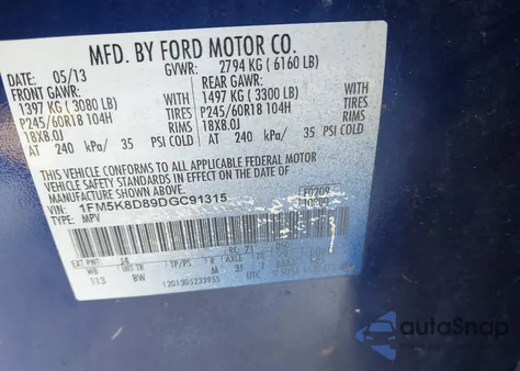 2013 Ford Explorer Xlt from USA, damaged, VIN 1FM5K8D89DGC91315